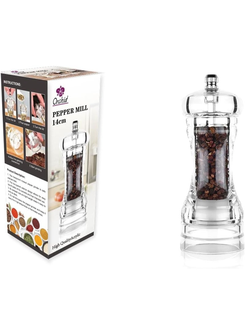 أوركيد مطحنة فلفل يدوية من الأكريليك بتصميم زهرة الأوركيد، مع إمكانية تعديل درجة الخشونة، مطحنة ملح وفلفل شفافة من الأكريليك للمطبخ، مطحنة توابل منزلية، مناسبة للاستخدام على طاولة الطعام، مقاس 14 سم - Image 3